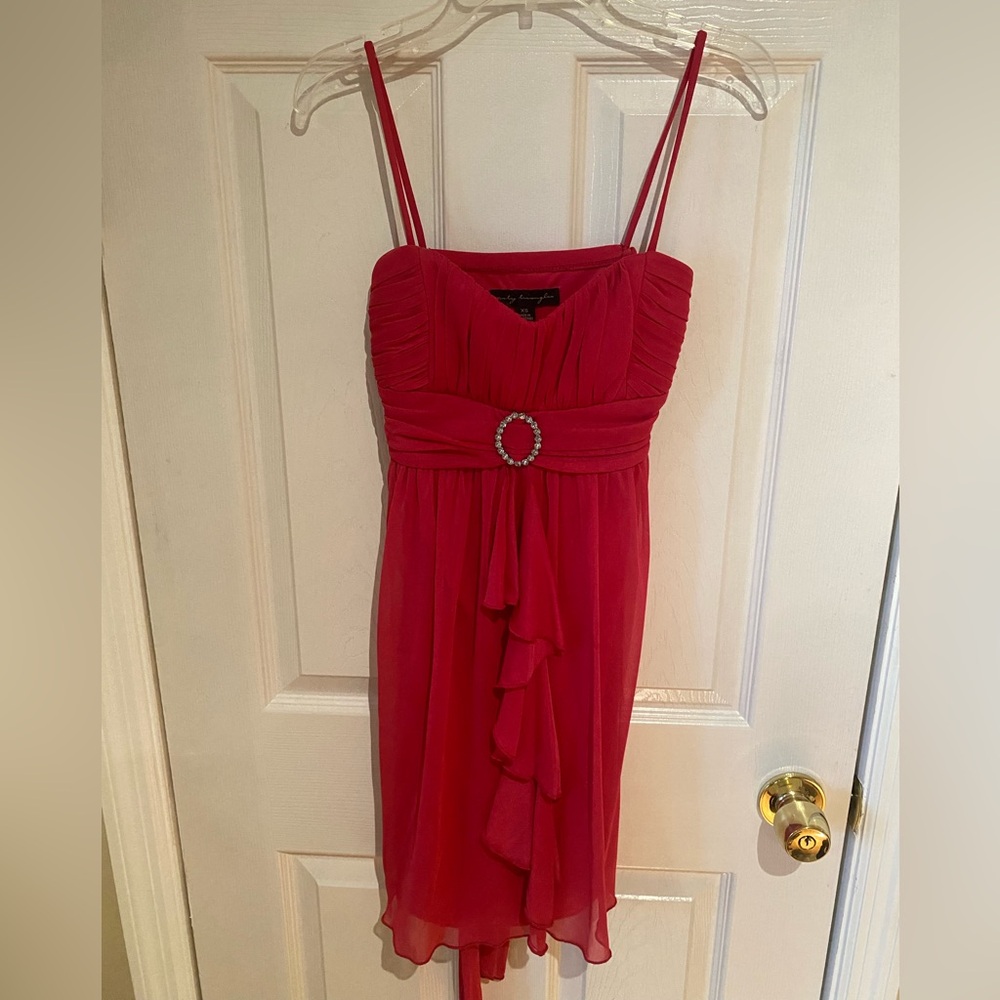 Y2K Pink Spaghetti-Strap Cocktail Dress with Rhinestone Accent